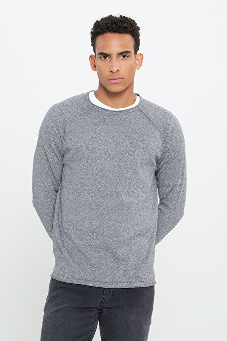 Standard Fit Regular Fit Crew-Neck Cotton Muline Patterned Gray-Ecru Sweater ET4924100005GRE