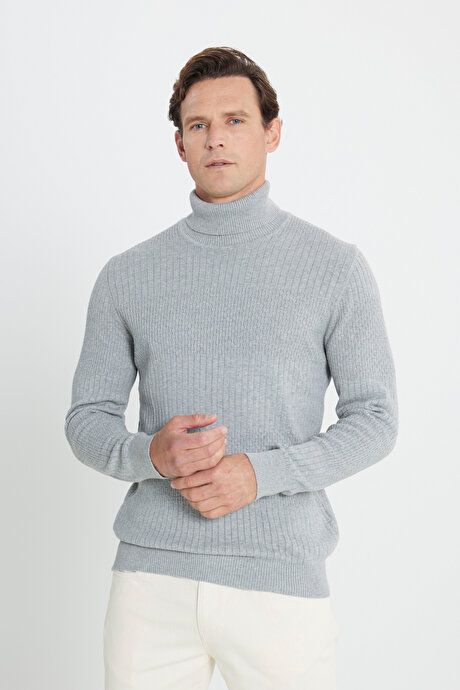 Standard Fit Regular Fit Full Turtleneck Cotton Jacquard Gray Melange Sweater ET4924100030GMJ