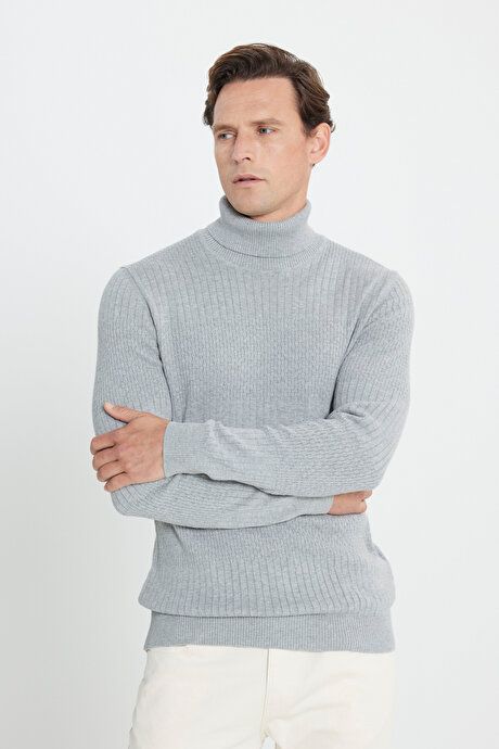 Standard Fit Regular Fit Full Turtleneck Cotton Jacquard Gray Melange Sweater ET4924100030GMJ