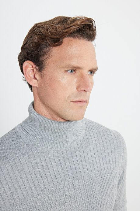 Standard Fit Regular Fit Full Turtleneck Cotton Jacquard Gray Melange Sweater ET4924100030GMJ