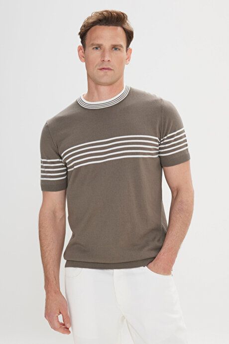 Standard Fit Regular Fit 100% Cotton Striped Crew-Neck Khaki-White Sweater T-Shirt ET4924200001HBY