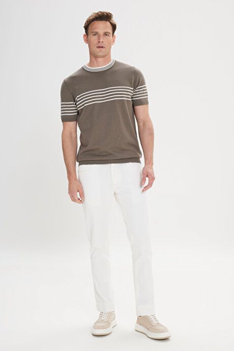 Standard Fit Regular Fit 100% Cotton Striped Crew-Neck Khaki-White Sweater T-Shirt ET4924200001HBY