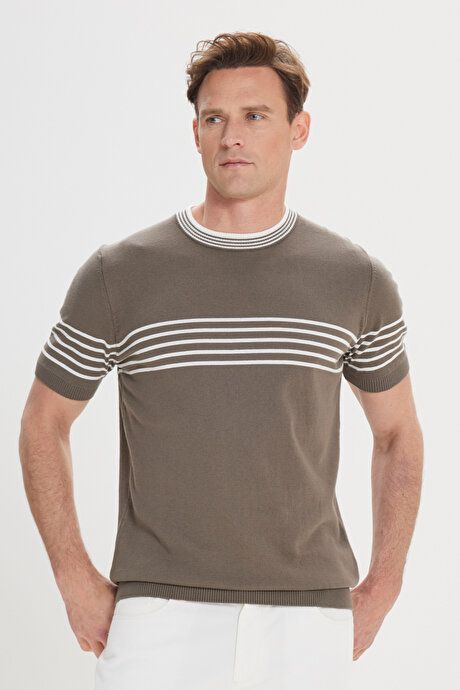 Standard Fit Regular Fit 100% Cotton Striped Crew-Neck Khaki-White Sweater T-Shirt ET4924200001HBY