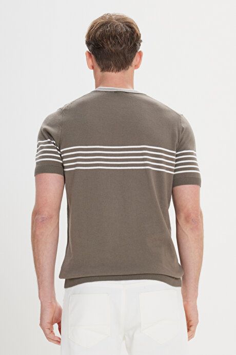 Standard Fit Regular Fit 100% Cotton Striped Crew-Neck Khaki-White Sweater T-Shirt ET4924200001HBY