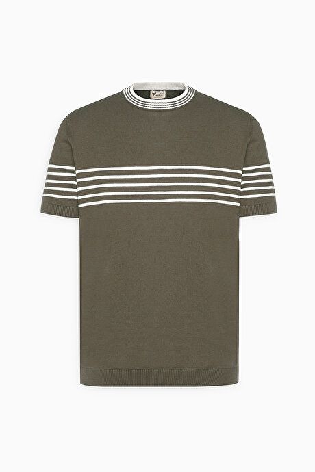 Standard Fit Regular Fit 100% Cotton Striped Crew-Neck Khaki-White Sweater T-Shirt ET4924200001HBY