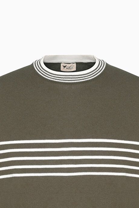 Standard Fit Regular Fit 100% Cotton Striped Crew-Neck Khaki-White Sweater T-Shirt ET4924200001HBY