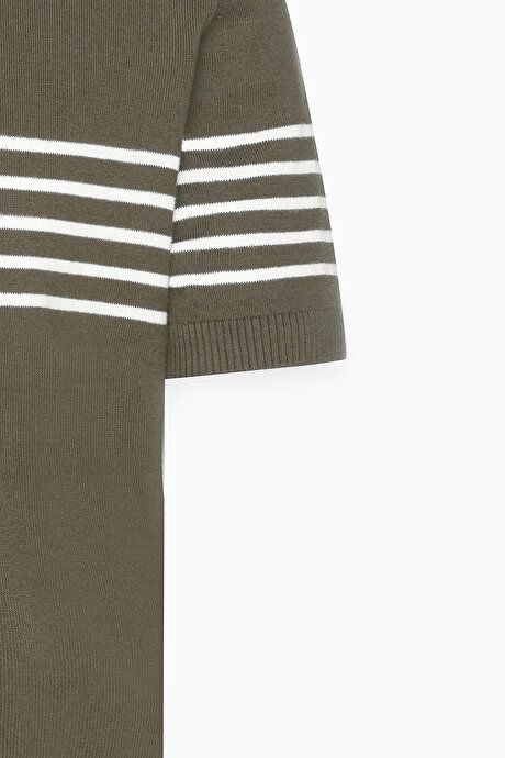 Standard Fit Regular Fit 100% Cotton Striped Crew-Neck Khaki-White Sweater T-Shirt ET4924200001HBY