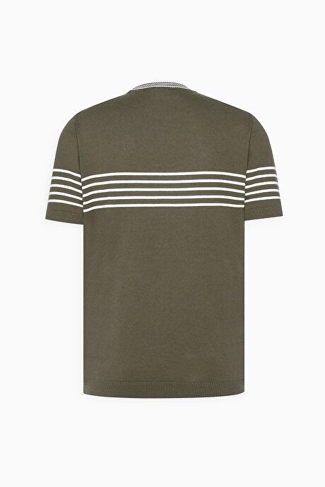 Standard Fit Regular Fit 100% Cotton Striped Crew-Neck Khaki-White Sweater T-Shirt ET4924200001HBY