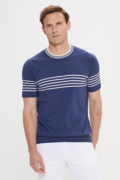 Standard Fit Regular Fit 100% Cotton Striped Crew-Neck Navy Blue-White Sweater T-Shirt ET4924200001LCB