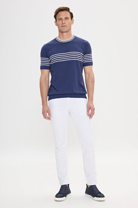 Standard Fit Regular Fit 100% Cotton Striped Crew-Neck Navy Blue-White Sweater T-Shirt ET4924200001LCB