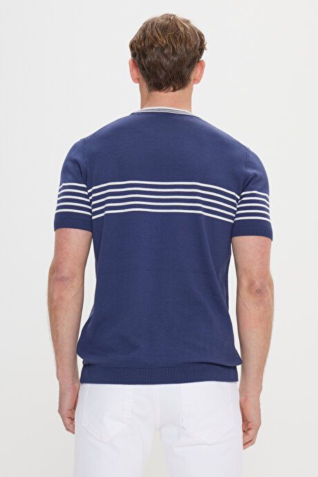 Standard Fit Regular Fit 100% Cotton Striped Crew-Neck Navy Blue-White Sweater T-Shirt ET4924200001LCB