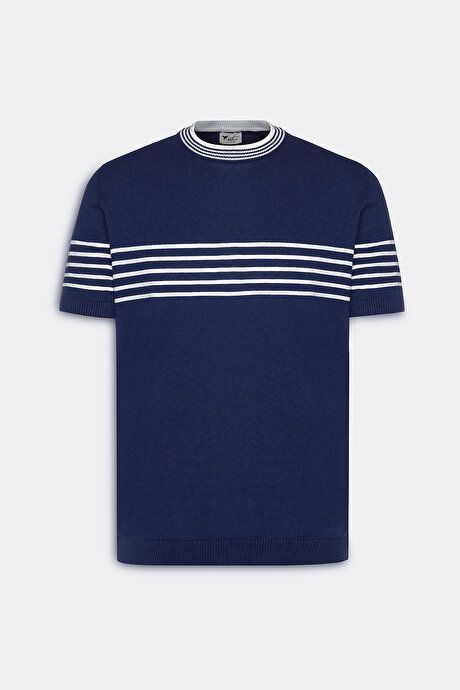 Standard Fit Regular Fit 100% Cotton Striped Crew-Neck Navy Blue-White Sweater T-Shirt ET4924200001LCB