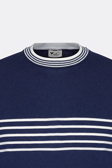 Standard Fit Regular Fit 100% Cotton Striped Crew-Neck Navy Blue-White Sweater T-Shirt ET4924200001LCB