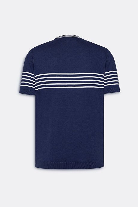 Standard Fit Regular Fit 100% Cotton Striped Crew-Neck Navy Blue-White Sweater T-Shirt ET4924200001LCB