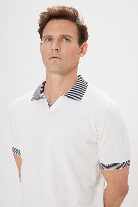 Standard Fit Regular Fit Polo Collar 100% Cotton Ecru Sweater T-Shirt ET4924200008EKR