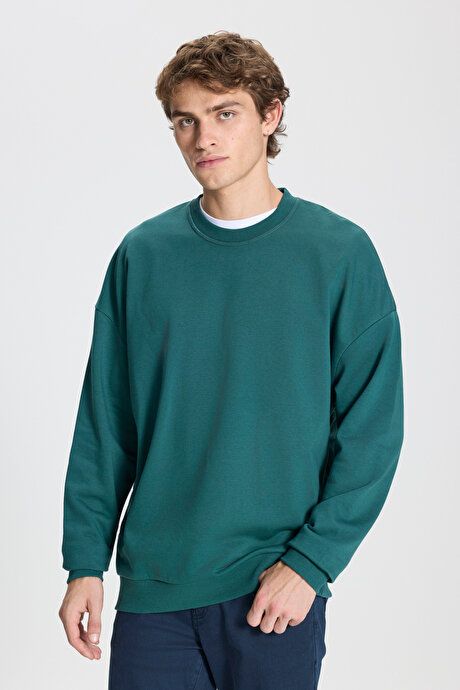 Oversized Loose Fit 3 Yarn Crew Neck Cotton Dark Green Sweatshirt ET5200000002KYS