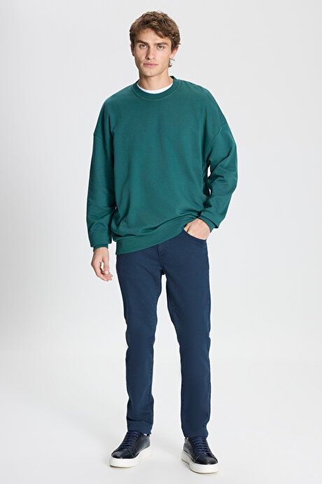 Oversized Loose Fit 3 Yarn Crew Neck Cotton Dark Green Sweatshirt ET5200000002KYS