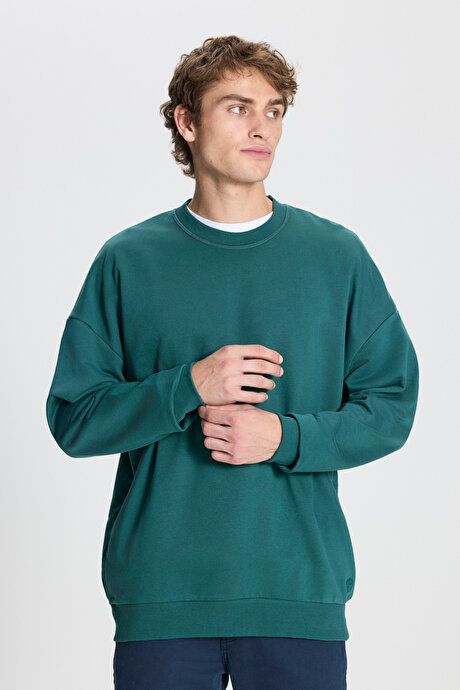 Oversized Loose Fit 3 Yarn Crew Neck Cotton Dark Green Sweatshirt ET5200000002KYS