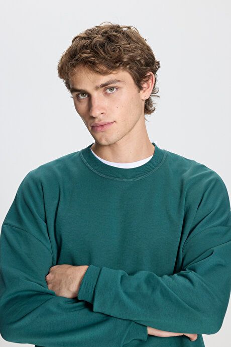 Oversized Loose Fit 3 Yarn Crew Neck Cotton Dark Green Sweatshirt ET5200000002KYS