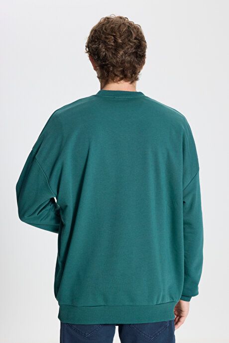 Oversized Loose Fit 3 Yarn Crew Neck Cotton Dark Green Sweatshirt ET5200000002KYS