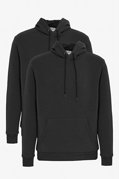 2 Pack Standard Fit Regular Fit Hooded Kangaroo Pocket Black Sweatshirt ET520000P201SYH