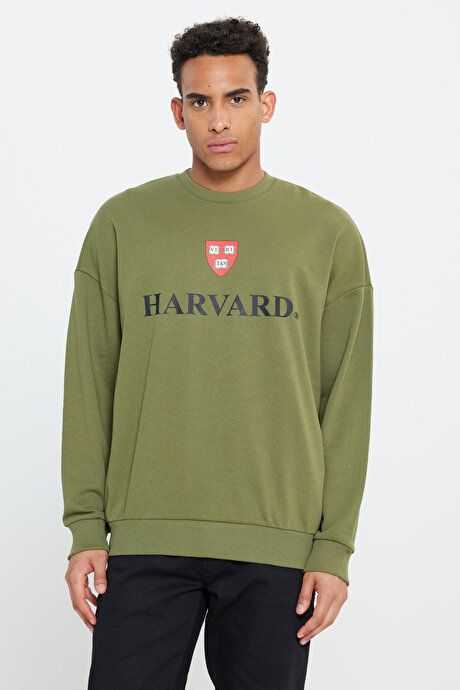 Oversize Fit Loose Fit Harvard Licensed 3 Yarn Cotton Crew Neck Khaki Sweatshirt ET5224200006HAK