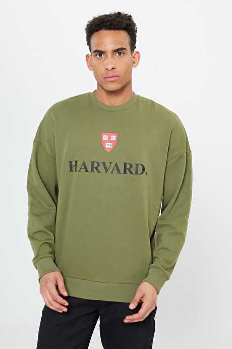 Oversize Fit Loose Fit Harvard Licensed 3 Yarn Cotton Crew Neck Khaki Sweatshirt ET5224200006HAK