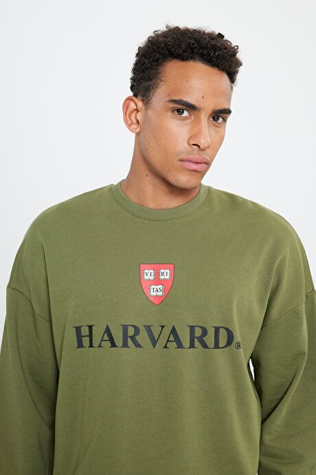 Oversize Fit Loose Fit Harvard Licensed 3 Yarn Cotton Crew Neck Khaki Sweatshirt ET5224200006HAK