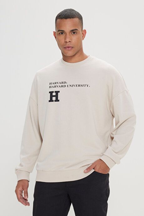 Oversize Fit Loose Fit Harvard Licensed 3 Yarn Cotton Crew Neck Light Beige Sweatshirt ET5224200008ABJ