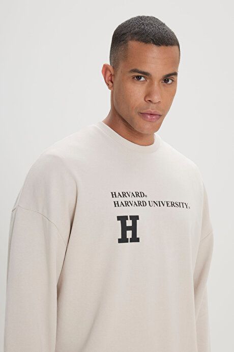 Oversize Fit Loose Fit Harvard Licensed 3 Yarn Cotton Crew Neck Light Beige Sweatshirt ET5224200008ABJ