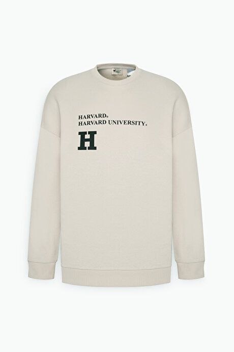 Oversize Fit Loose Fit Harvard Licensed 3 Yarn Cotton Crew Neck Light Beige Sweatshirt ET5224200008ABJ