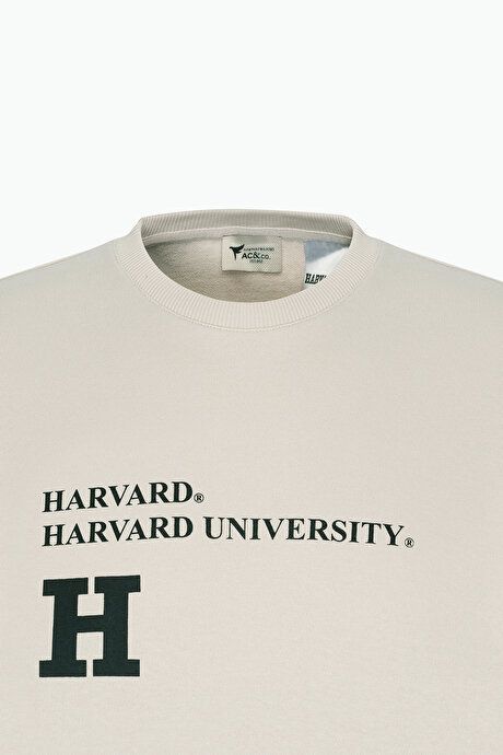 Oversize Fit Loose Fit Harvard Licensed 3 Yarn Cotton Crew Neck Light Beige Sweatshirt ET5224200008ABJ