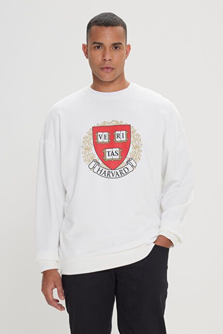 Oversize Fit Loose Fit Harvard Licensed 3 Yarn Cotton Crew Neck Ecru Sweatshirt ET5224200009EKR