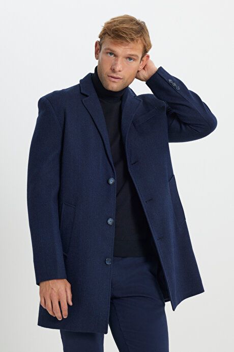 Woolen Standard Fit Regular Fit Mono Collar Herringbone Patterned Navy Blue Overcoat with Side Pockets ETE05252510032LAC