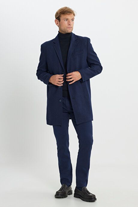 Woolen Standard Fit Regular Fit Mono Collar Herringbone Patterned Navy Blue Overcoat with Side Pockets ETE05252510032LAC