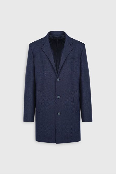 Woolen Standard Fit Regular Fit Mono Collar Herringbone Patterned Navy Blue Overcoat with Side Pockets ETE05252510032LAC