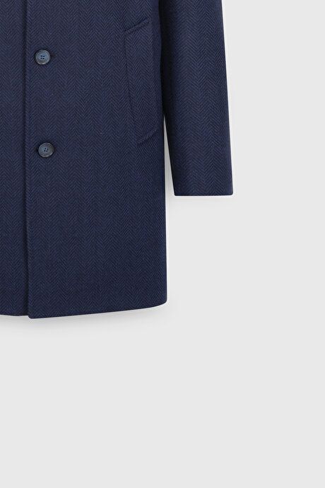 Woolen Standard Fit Regular Fit Mono Collar Herringbone Patterned Navy Blue Overcoat with Side Pockets ETE05252510032LAC